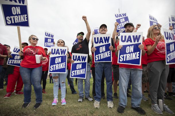 UAW members striking at the GM Lansing Delta Assembly plant in late September 2023