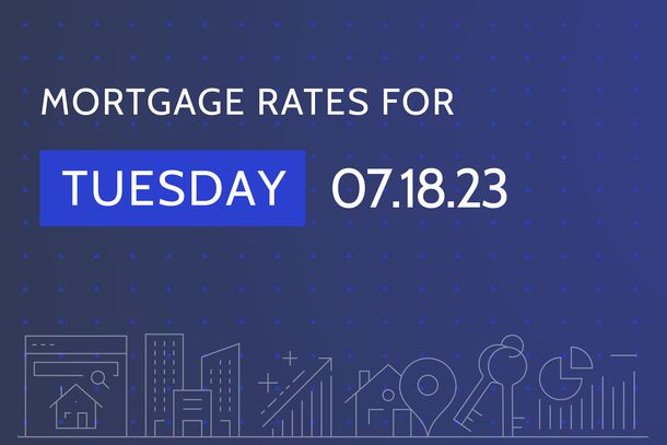 The words "Mortgage Rates Tuesday 07.18.23" on dark blue background with housing-related graphics